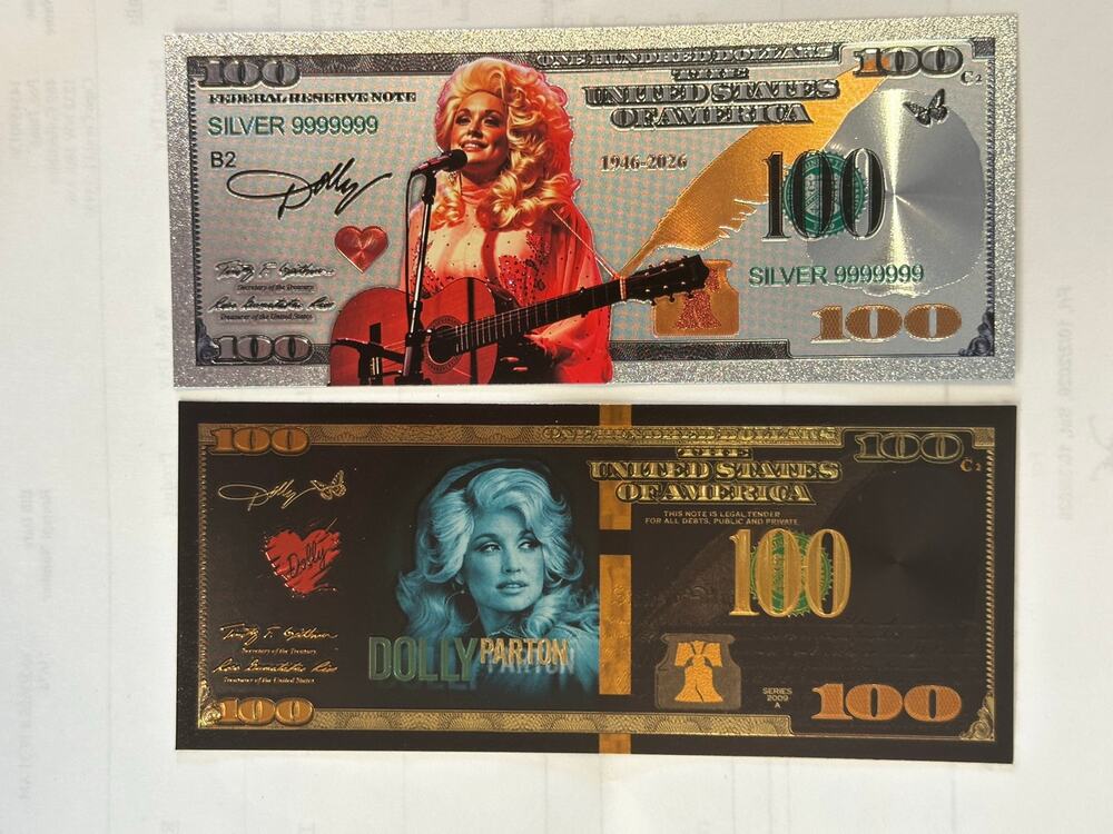 Dolly Parton Gold & Silver Tone Foil $100 Novelty Notes 2 Piece Set